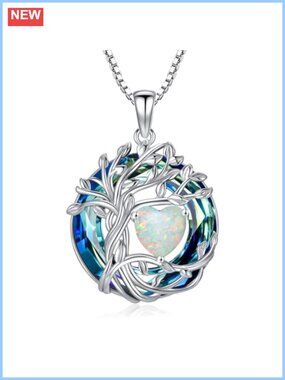 Tree of Life Birthstone Necklace Sterling Silver White Gold Plated Pendant